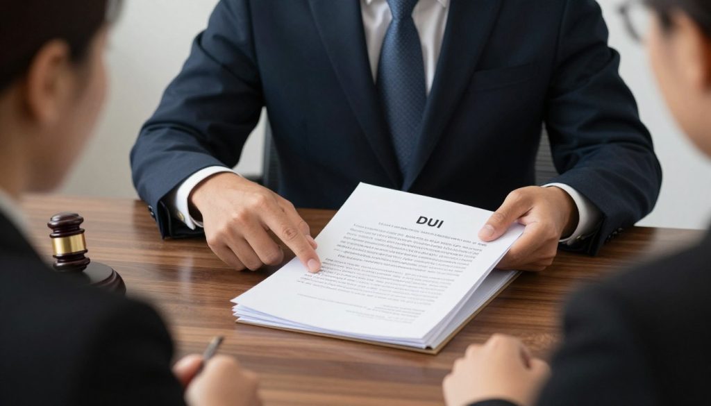 Defense attorney reviewing DUI case files with client